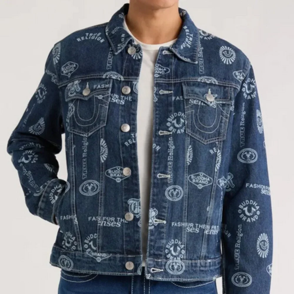 True Religion AOP Logo Denim SN Jacket Medium Rustic Barn Wash Size XL NWT - Picture 2 of 12